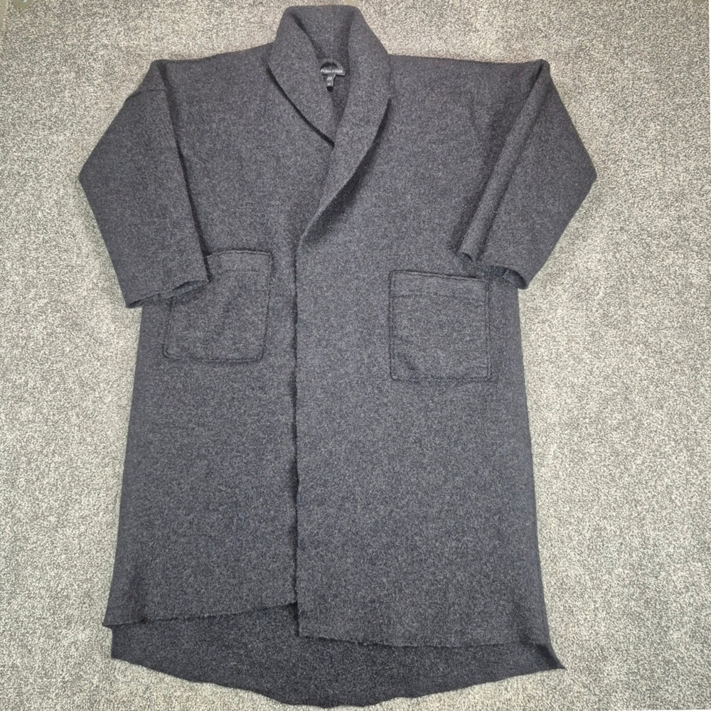 Eileen Fisher Longline Cardigan Sweater Womens Small Gray 100% Wool Open Jacket